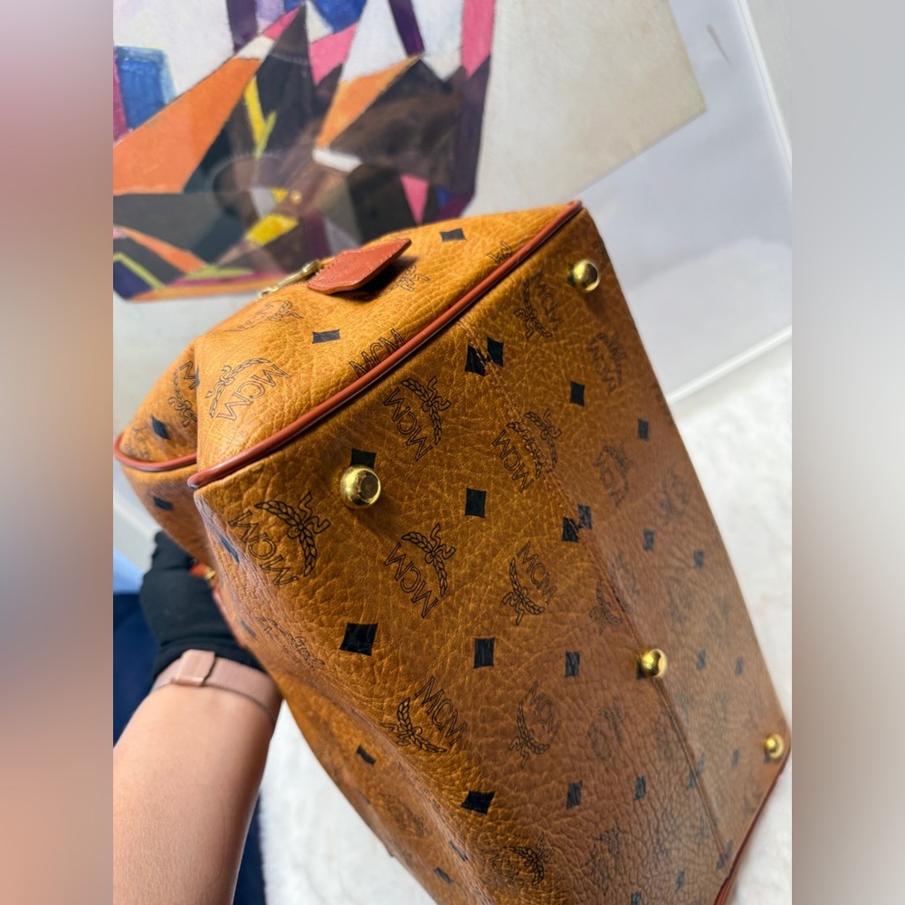 MCM Cognac Visetos Monogram Boston Bag with Gold Hardware - Picture 12 of 13